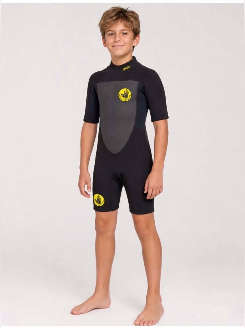 Body Glove Black and Gray Kids Short Sleeve One-Piece Swimsuit with Yellow Logos